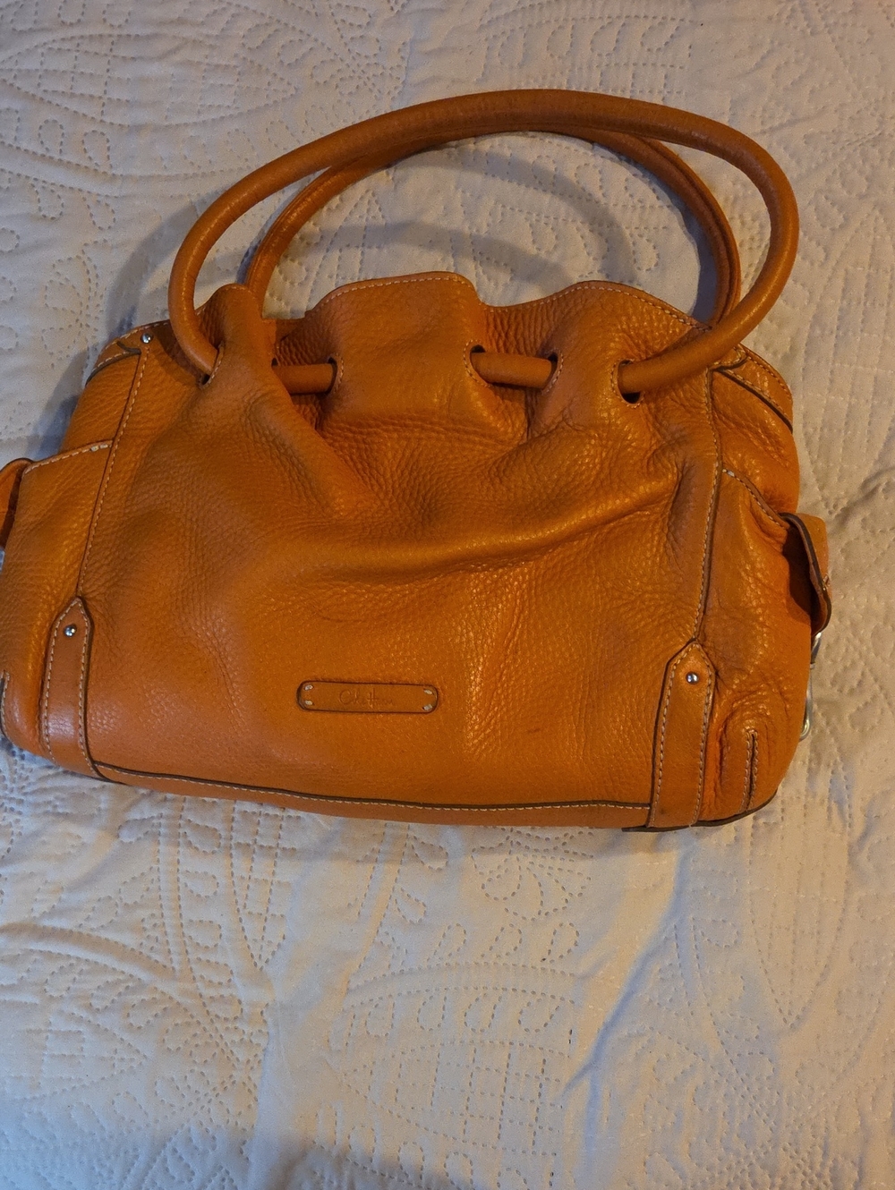 Cole Haan Deep Orange Pebbled Leather Drawstring Shoulder Bag